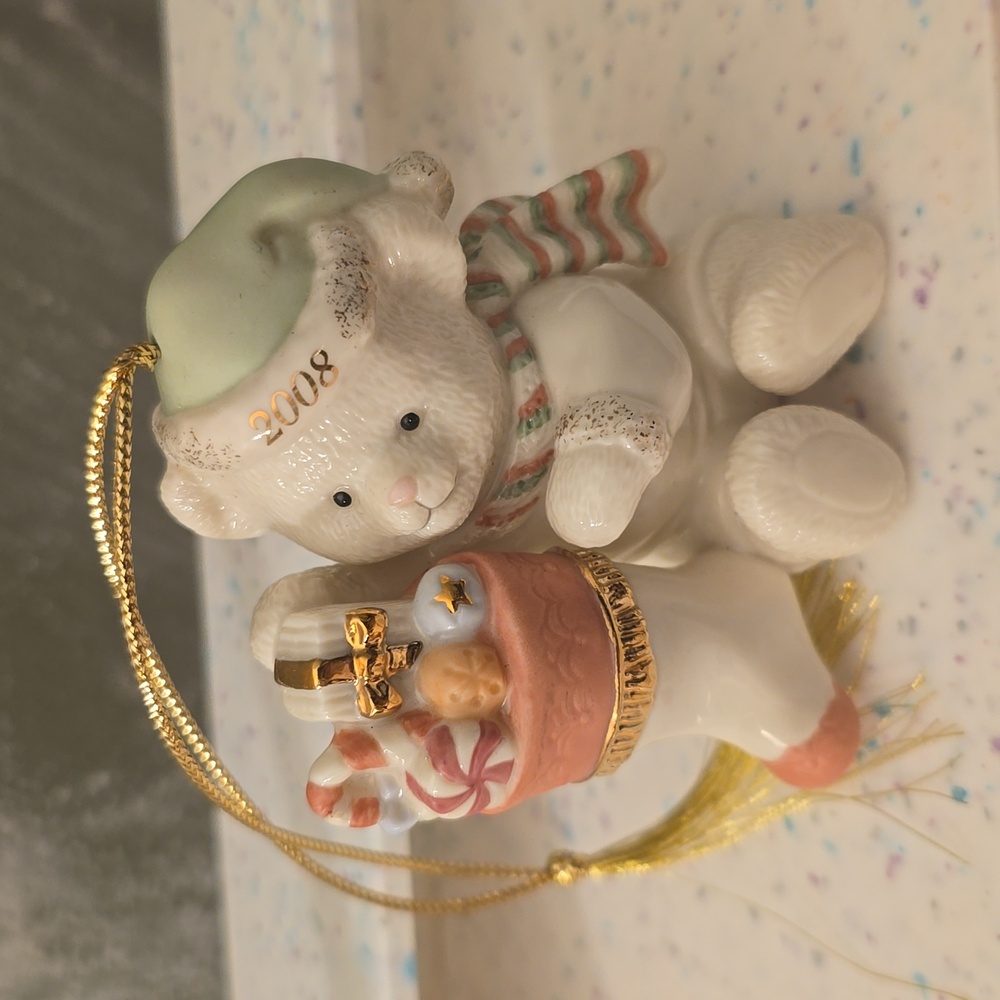 Lenox 2008 Handcrafted Porcelain Bear Holding a Christmas Stocking of gifts